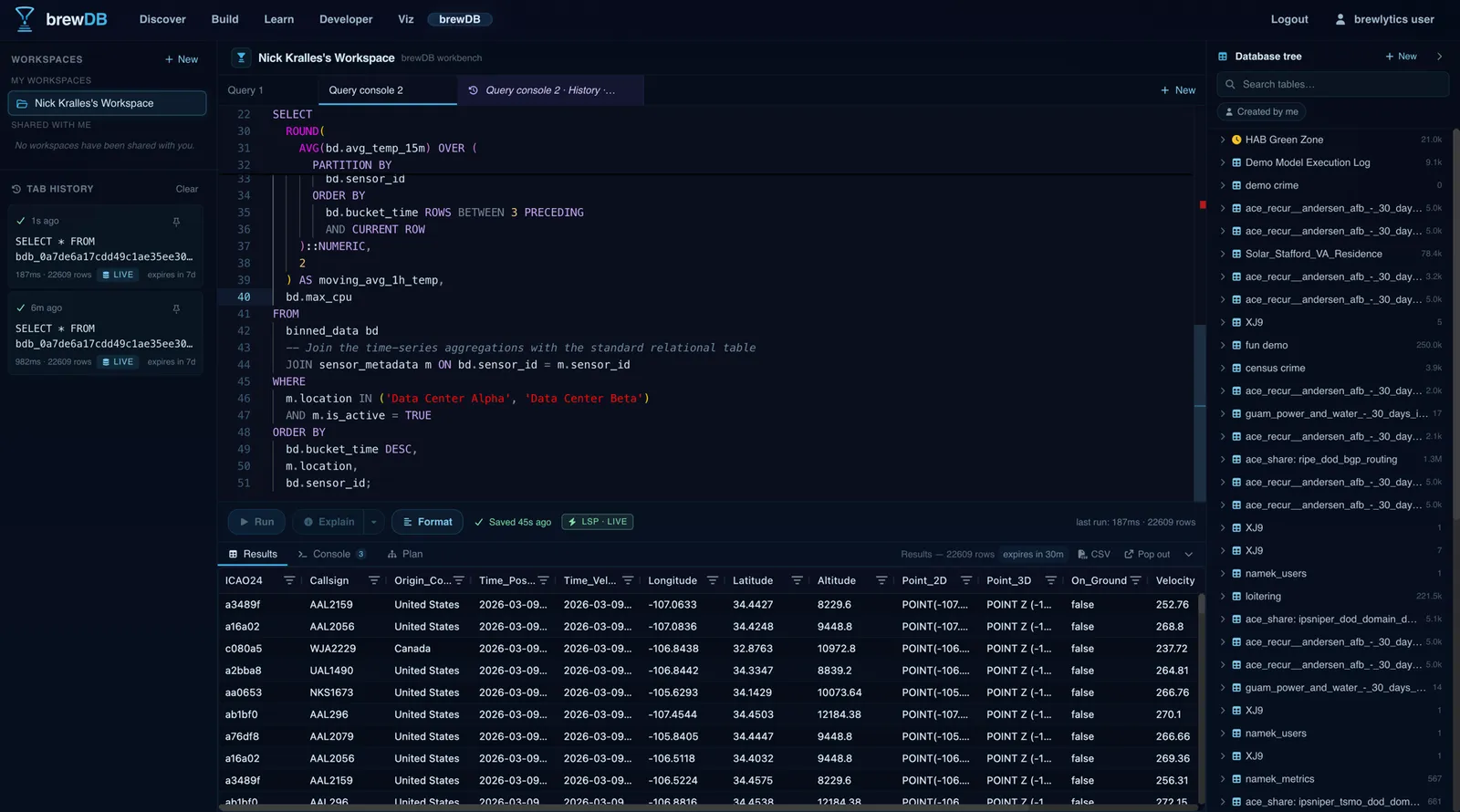 The brewDB SQL workbench: a tabbed query console with live language-server help running a time-series moving-average query, a results grid streaming 22,609 rows in 187 ms, and a searchable database tree