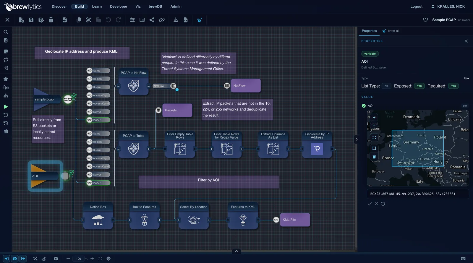 The brewlytics model builder: functionals wired into a PCAP geolocation workflow on the canvas, with a map-based area-of-interest picker in the properties panel